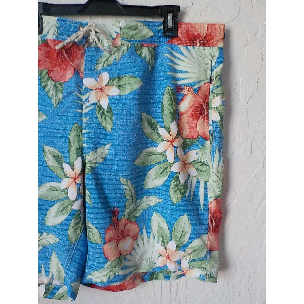 Caribbean Joe Blue Swim Shorts Trunks Men size 2X Hawaiian Floral Elastic Waist